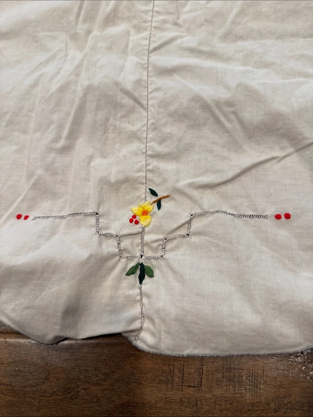 Vintage Floral Embroidered Table Linen in Cream with Pink and Yellow Accents